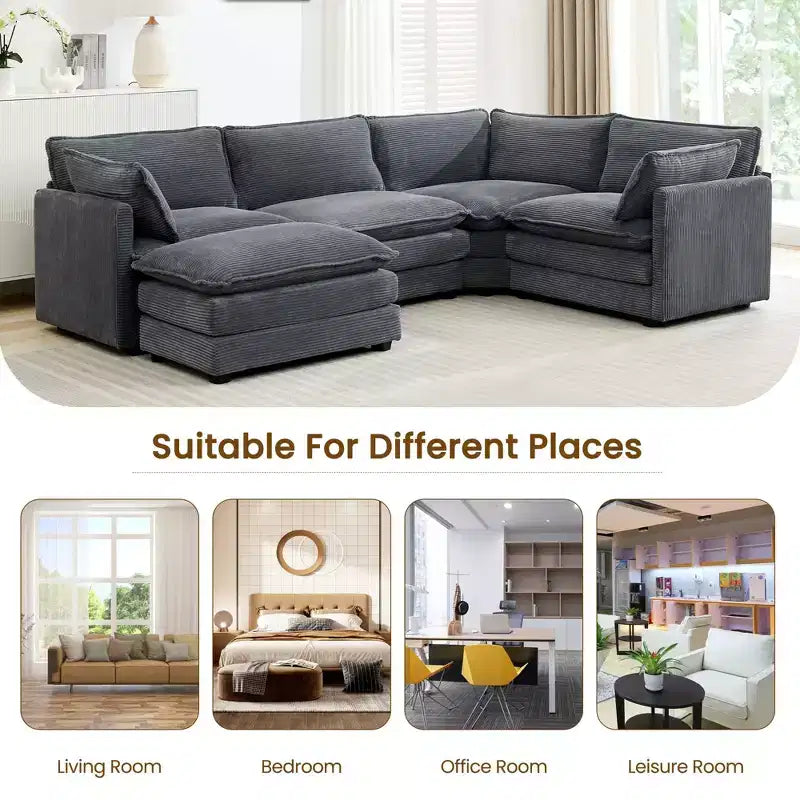 Modern 113.4''D*79.13''W Oversized Corduroy Modular 5-Seat Sectional Sofa Set with Ottoman U Shaped Sofa Couch with Corner Sofa,HYLEORY