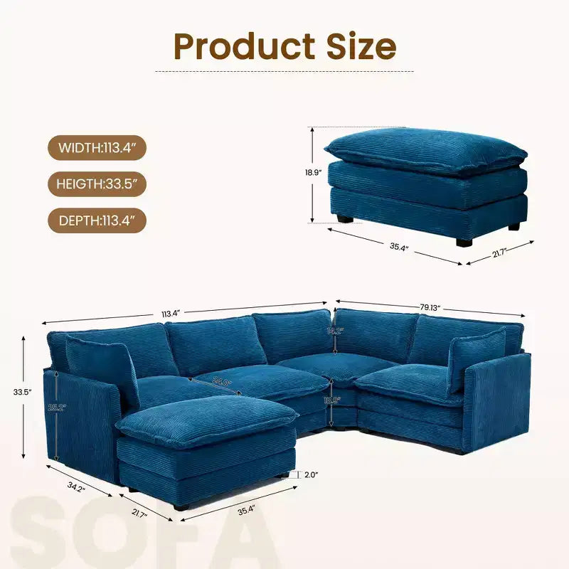 Modern 113.4''D*79.13''W Oversized Corduroy Modular 5-Seat Sectional Sofa Set with Ottoman U Shaped Sofa Couch with Corner Sofa,HYLEORY