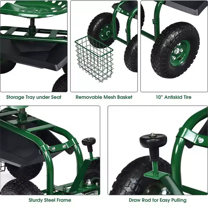 Costway Garden Cart Patio Wagon Rolling Work Seat with Tool Tray Basket Planting Blue/Red/Green