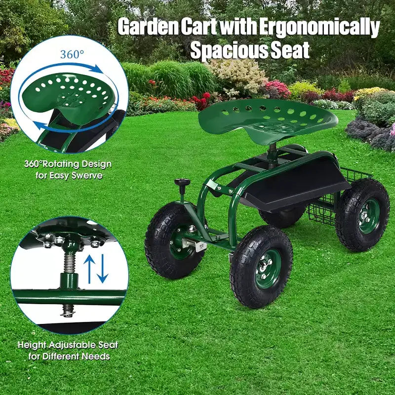 Costway Garden Cart Patio Wagon Rolling Work Seat with Tool Tray Basket Planting Blue/Red/Green