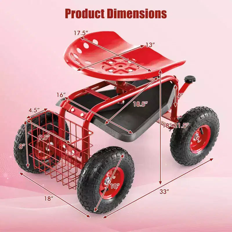 Costway Garden Cart Patio Wagon Rolling Work Seat with Tool Tray Basket Planting Blue/Red/Green