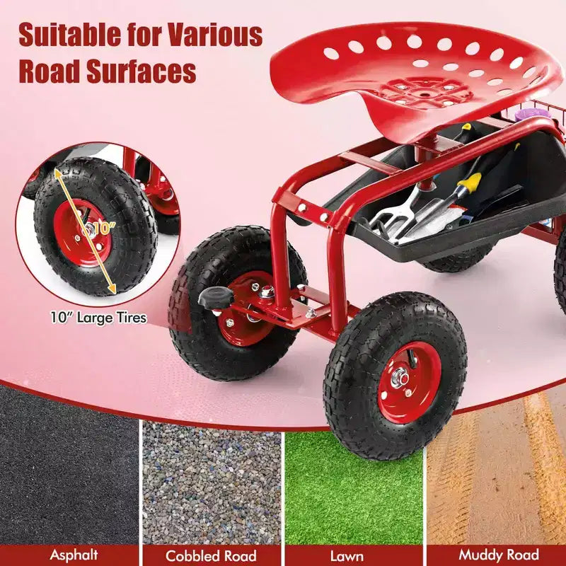 Costway Garden Cart Patio Wagon Rolling Work Seat with Tool Tray Basket Planting Blue/Red/Green