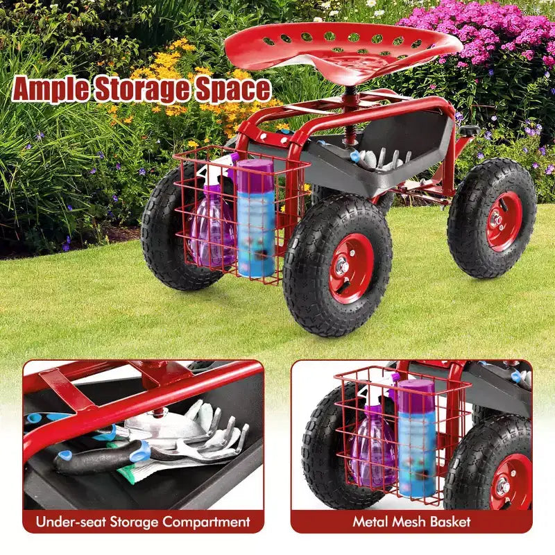 Costway Garden Cart Patio Wagon Rolling Work Seat with Tool Tray Basket Planting Blue/Red/Green