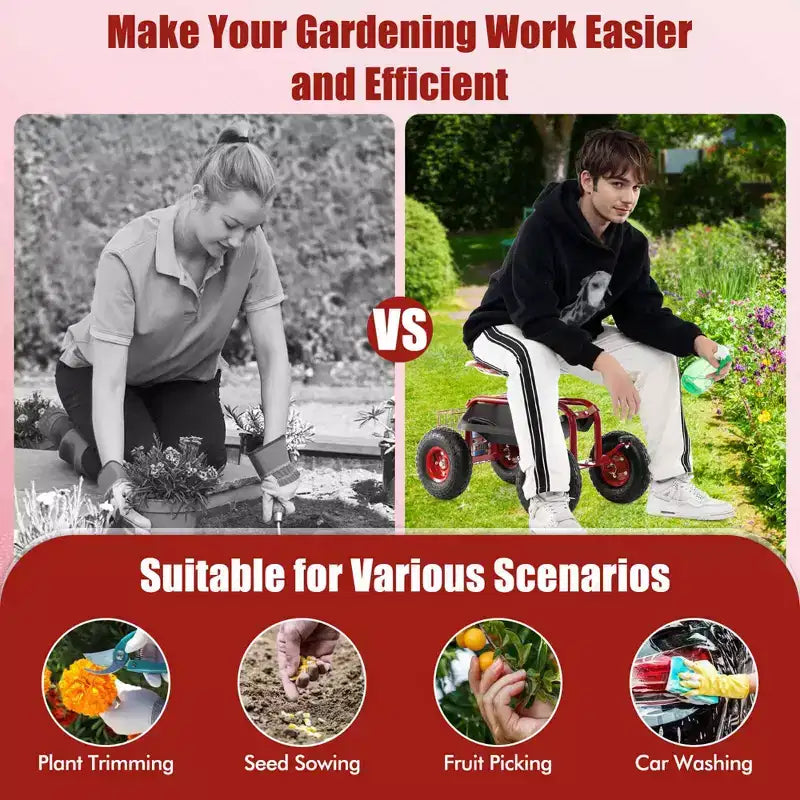 Costway Garden Cart Patio Wagon Rolling Work Seat with Tool Tray Basket Planting Blue/Red/Green
