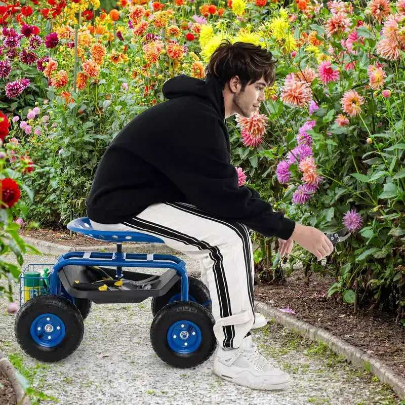 Costway Garden Cart Patio Wagon Rolling Work Seat with Tool Tray Basket Planting Blue/Red/Green