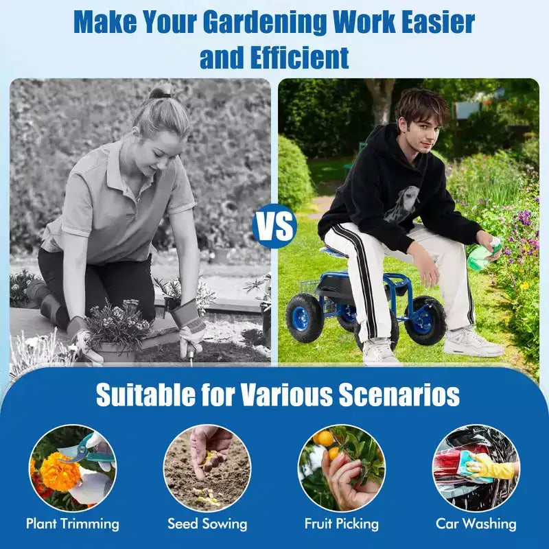 Costway Garden Cart Patio Wagon Rolling Work Seat with Tool Tray Basket Planting Blue/Red/Green