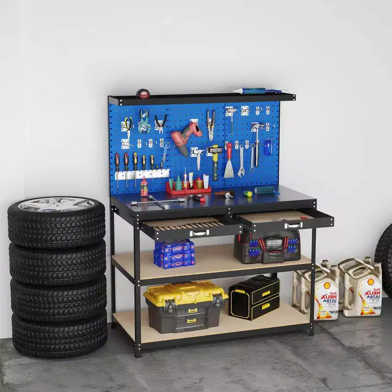 Costway 48 x 24 Workbench Heavy-Duty WorkTable with 3 PCs Pegboard Drawer & Shelves Navy/Black