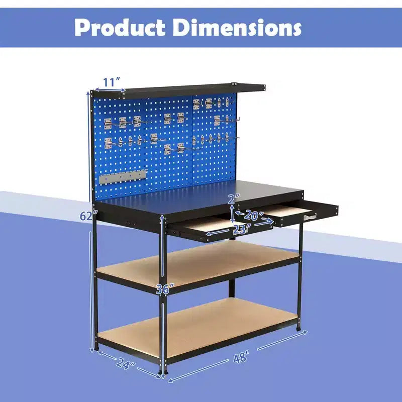 Costway 48 x 24 Workbench Heavy-Duty WorkTable with 3 PCs Pegboard Drawer & Shelves Navy/Black
