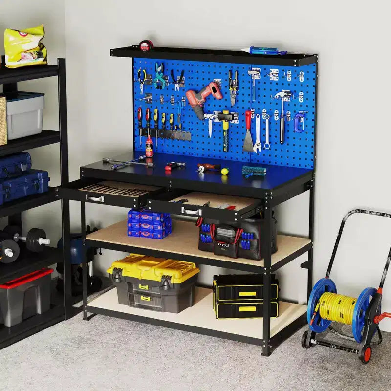 Costway 48 x 24 Workbench Heavy-Duty WorkTable with 3 PCs Pegboard Drawer & Shelves Navy/Black