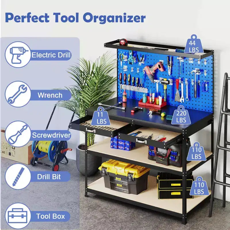 Costway 48 x 24 Workbench Heavy-Duty WorkTable with 3 PCs Pegboard Drawer & Shelves Navy/Black