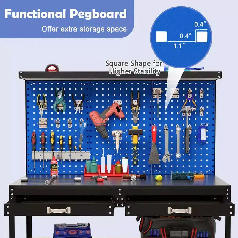 Costway 48 x 24 Workbench Heavy-Duty WorkTable with 3 PCs Pegboard Drawer & Shelves Navy/Black