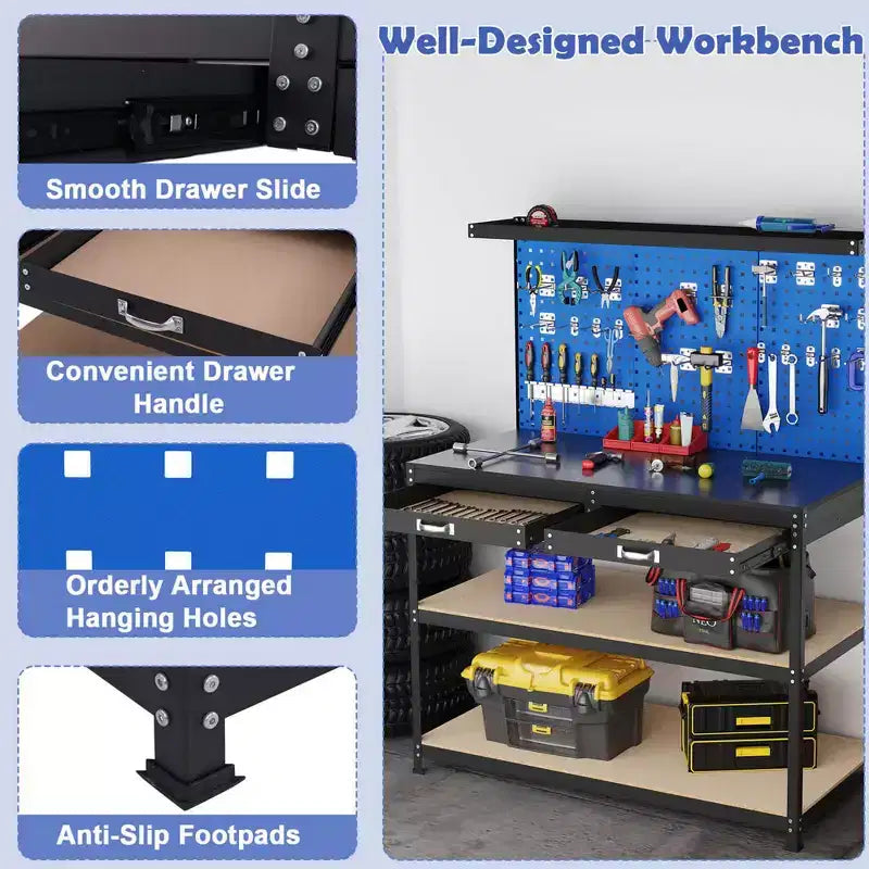 Costway 48 x 24 Workbench Heavy-Duty WorkTable with 3 PCs Pegboard Drawer & Shelves Navy/Black