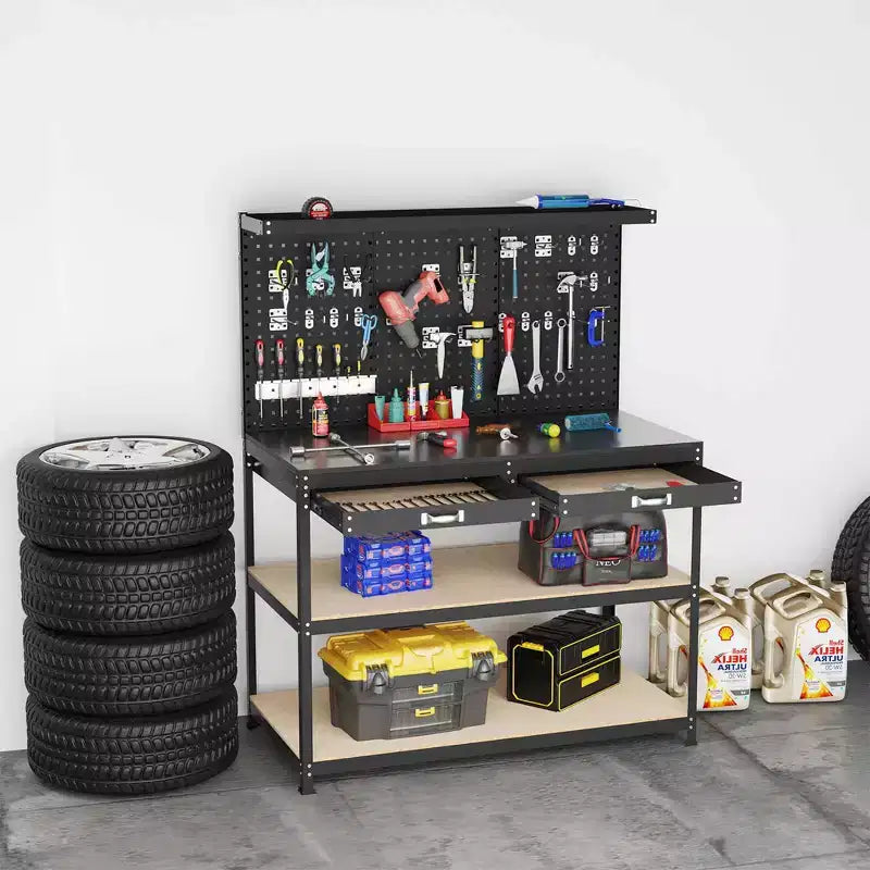 Costway 48 x 24 Workbench Heavy-Duty WorkTable with 3 PCs Pegboard Drawer & Shelves Navy/Black