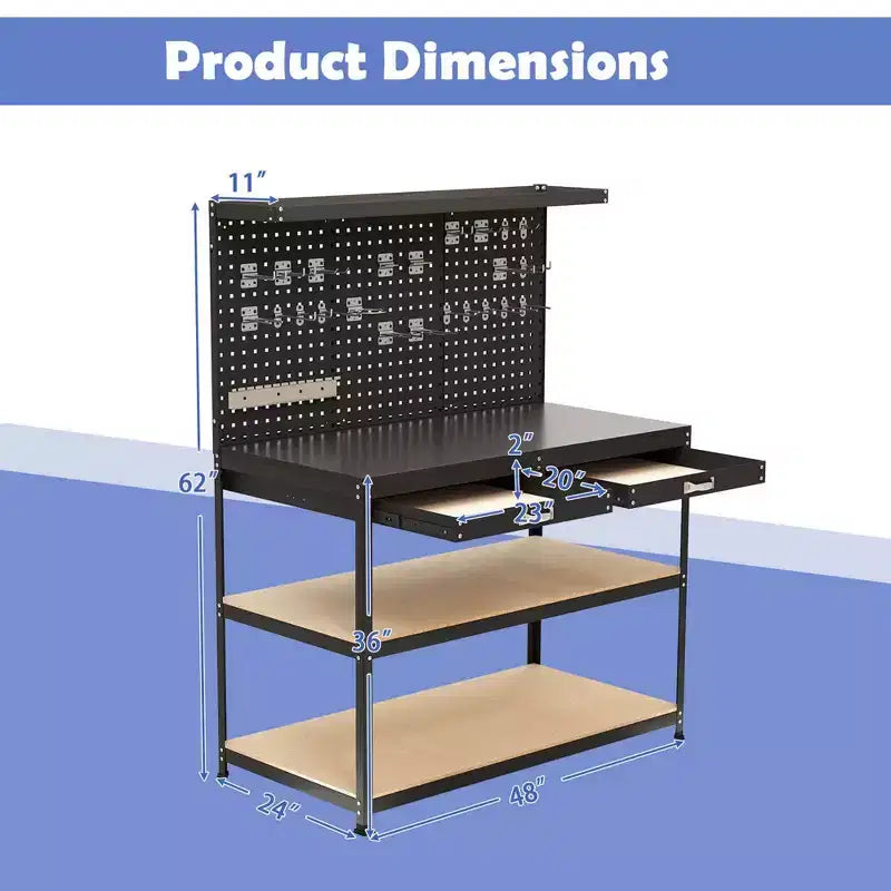 Costway 48 x 24 Workbench Heavy-Duty WorkTable with 3 PCs Pegboard Drawer & Shelves Navy/Black
