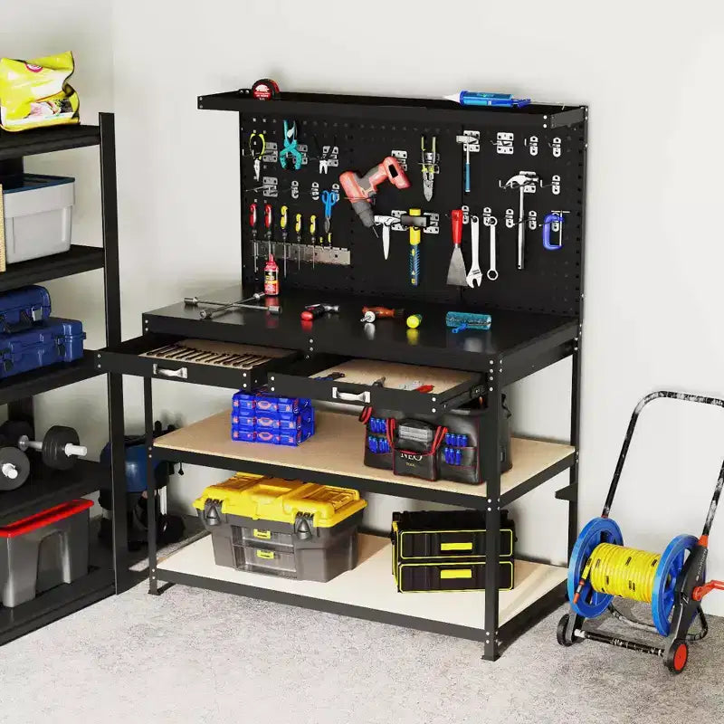 Costway 48 x 24 Workbench Heavy-Duty WorkTable with 3 PCs Pegboard Drawer & Shelves Navy/Black