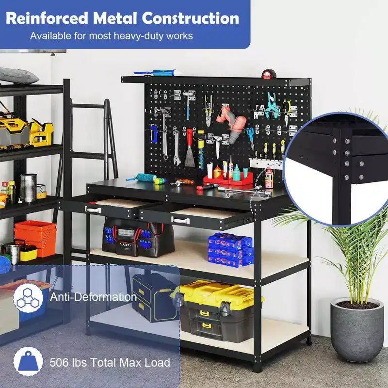 Costway 48 x 24 Workbench Heavy-Duty WorkTable with 3 PCs Pegboard Drawer & Shelves Navy/Black
