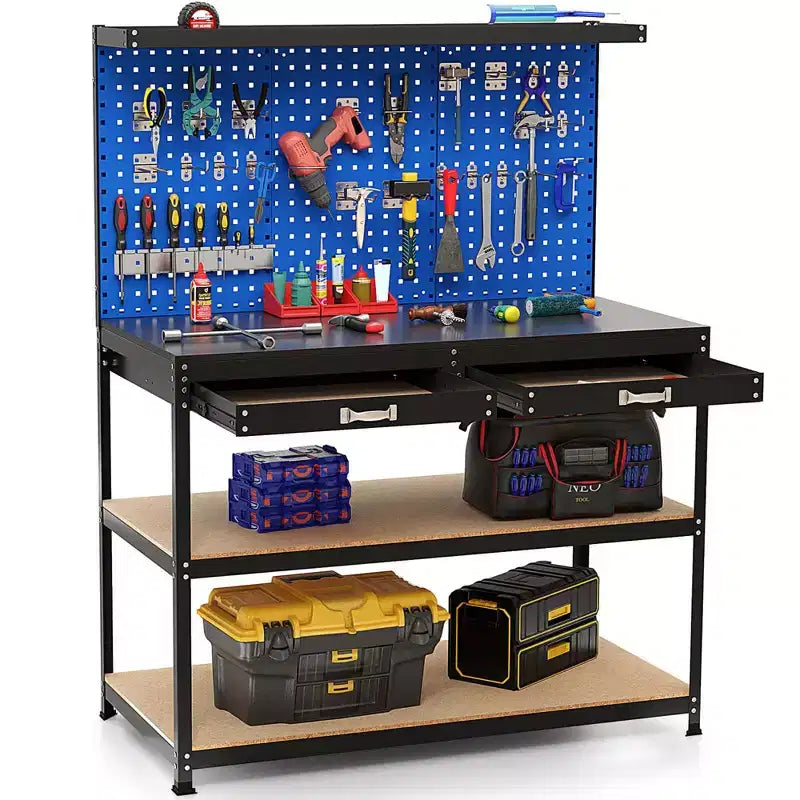 Costway 48 x 24 Workbench Heavy-Duty WorkTable with 3 PCs Pegboard Drawer & Shelves Navy/Black