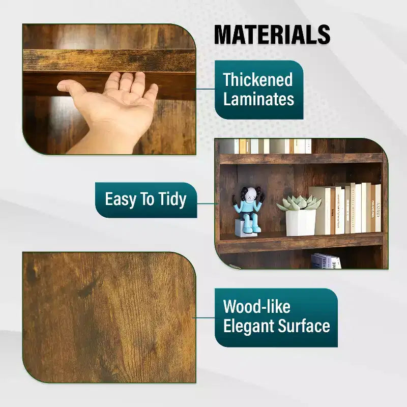 FDW Industrial-Style 5-Tier Bookshelf Wood Bookcases Perfect for Home Office Living Room, Brown