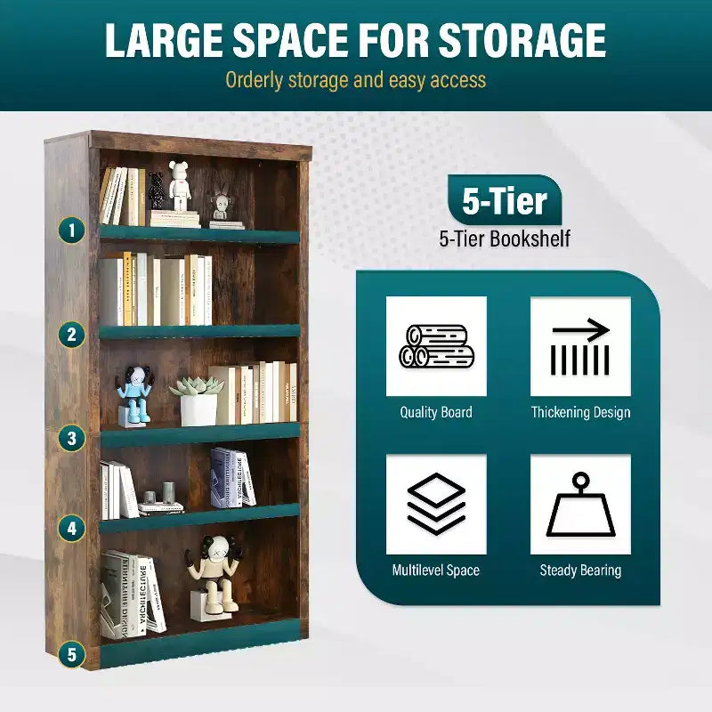 FDW Industrial-Style 5-Tier Bookshelf Wood Bookcases Perfect for Home Office Living Room, Brown