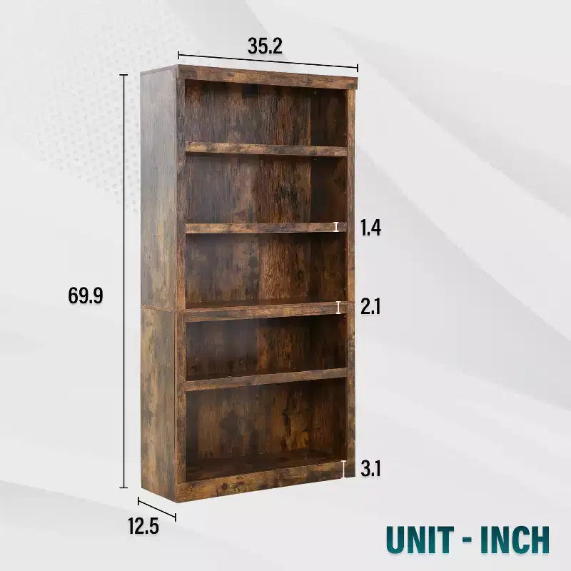 FDW Industrial-Style 5-Tier Bookshelf Wood Bookcases Perfect for Home Office Living Room, Brown