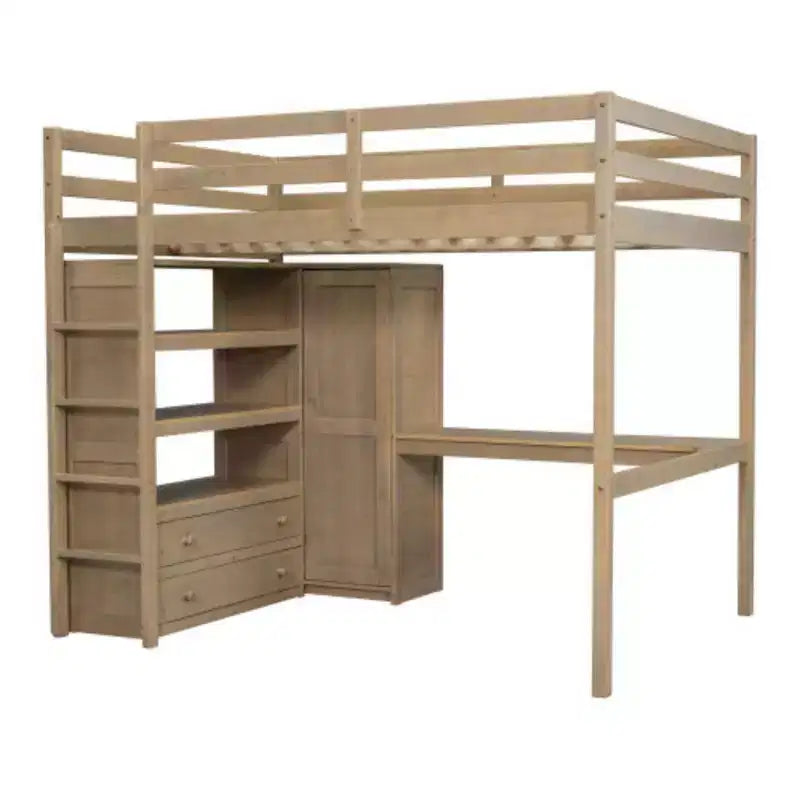 Wood Full Size Loft Bed with Built-in Wardrobe, Desk, Storage Shelves and Drawers, Walnut