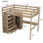 Wood Full Size Loft Bed with Built-in Wardrobe, Desk, Storage Shelves and Drawers, Walnut