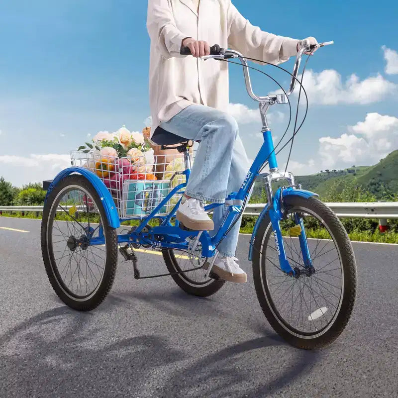 VEVOR Folding Adult Tricycle, 24-Inch 7-Speed Adult Folding Trikes, Carbon Steel 3 Wheel Cruiser Bike with Basket & Adjustable Seat