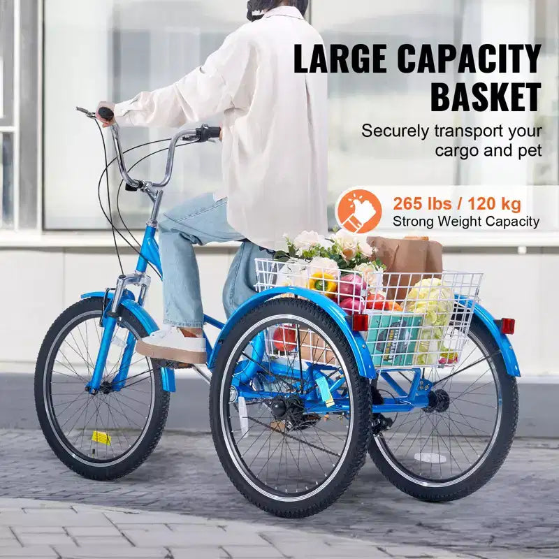 VEVOR Folding Adult Tricycle, 24-Inch 7-Speed Adult Folding Trikes, Carbon Steel 3 Wheel Cruiser Bike with Basket & Adjustable Seat