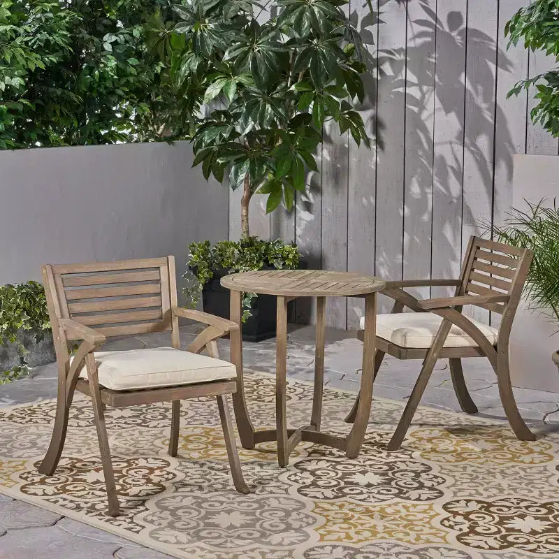 GDFStudio Baia Outdoor Acacia Wood 3 Piece Bistro Set with Cushion