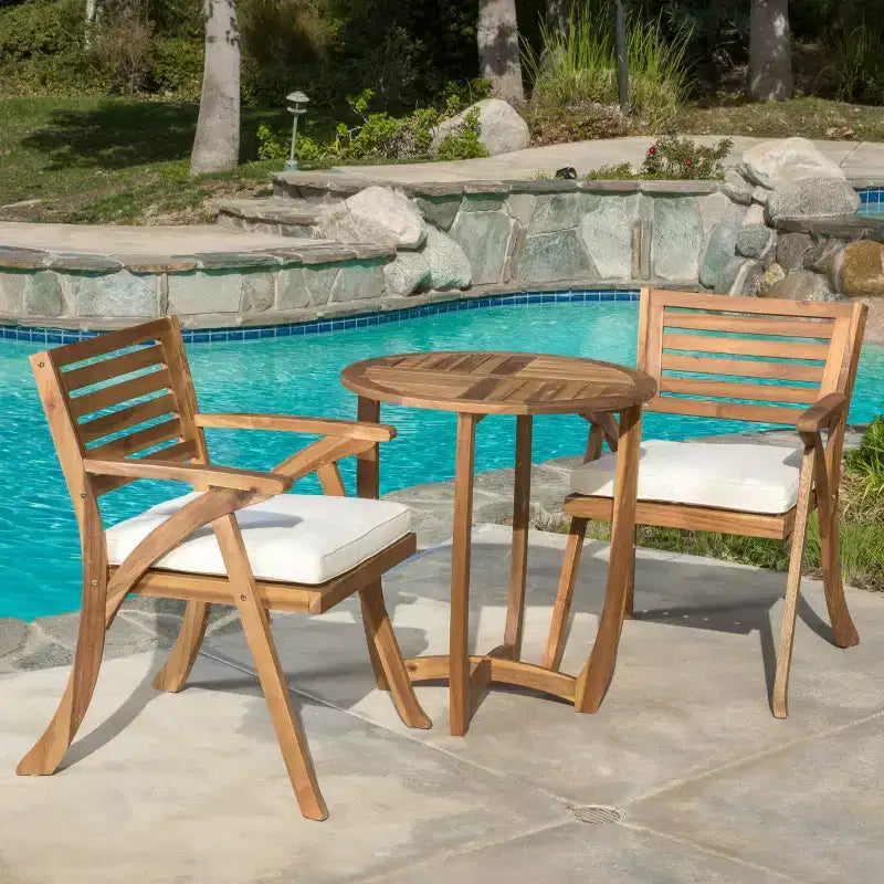 GDFStudio Baia Outdoor Acacia Wood 3 Piece Bistro Set with Cushion