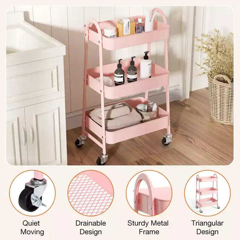 Metal Utility Storage Organizer, 3 Tier Small Rolling Cart Trolley for Kitchen, Bathroom, Laundry Room, Bar, Office Shelves