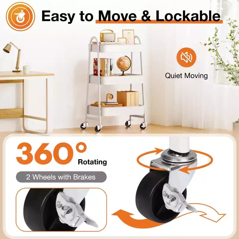 Metal Utility Storage Organizer, 3 Tier Small Rolling Cart Trolley for Kitchen, Bathroom, Laundry Room, Bar, Office Shelves