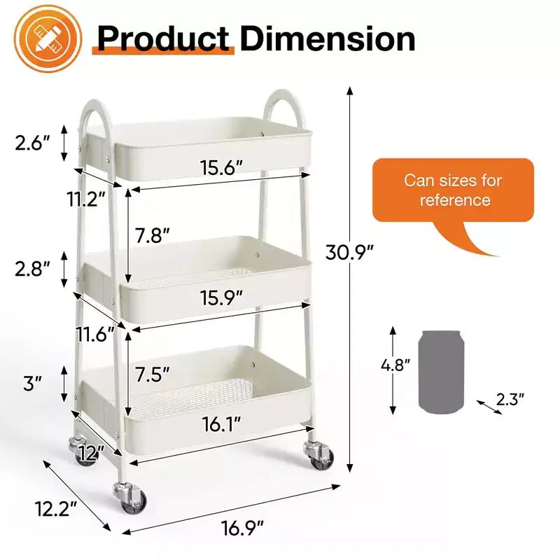 Metal Utility Storage Organizer, 3 Tier Small Rolling Cart Trolley for Kitchen, Bathroom, Laundry Room, Bar, Office Shelves