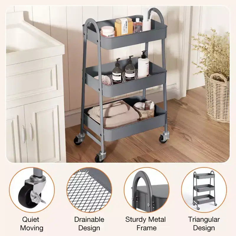Metal Utility Storage Organizer, 3 Tier Small Rolling Cart Trolley for Kitchen, Bathroom, Laundry Room, Bar, Office Shelves