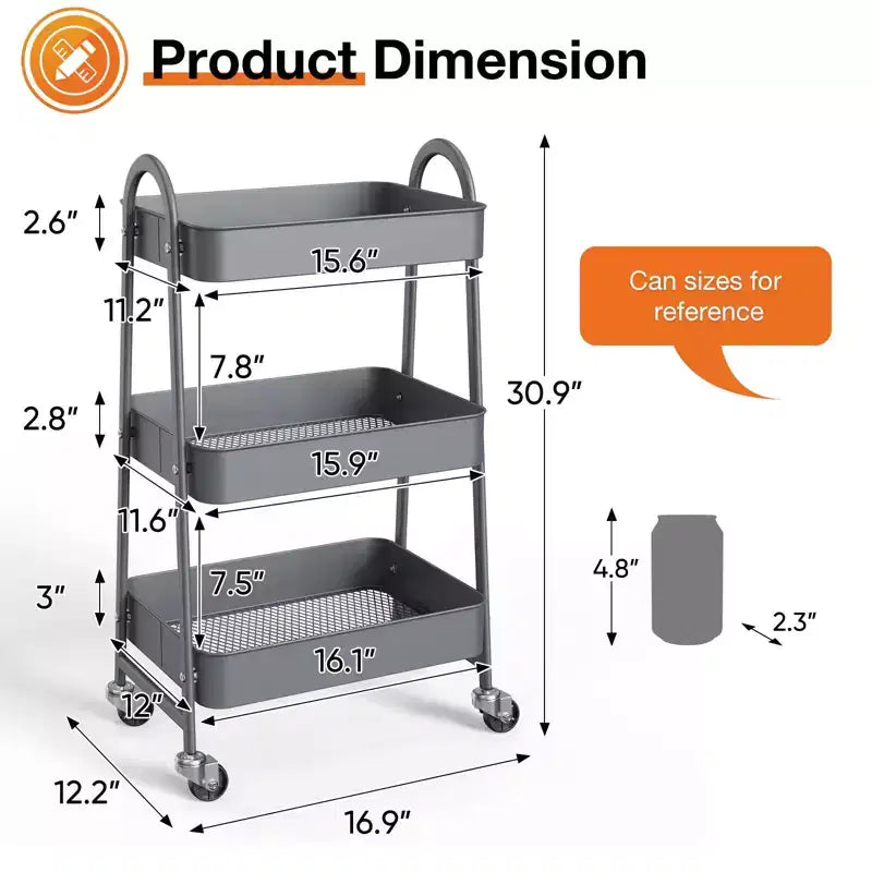 Metal Utility Storage Organizer, 3 Tier Small Rolling Cart Trolley for Kitchen, Bathroom, Laundry Room, Bar, Office Shelves