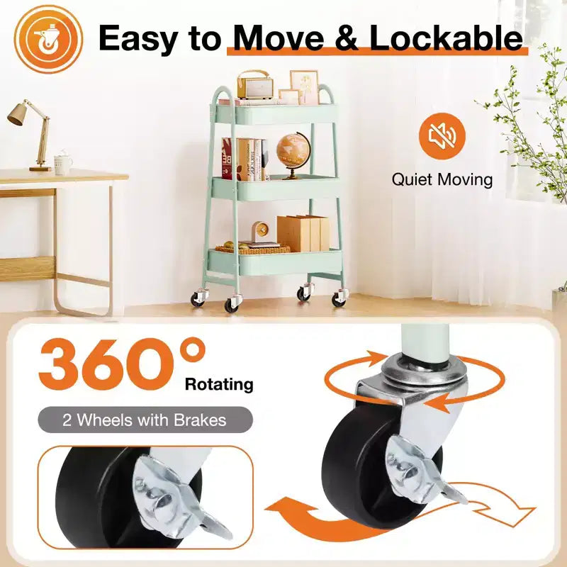 Metal Utility Storage Organizer, 3 Tier Small Rolling Cart Trolley for Kitchen, Bathroom, Laundry Room, Bar, Office Shelves