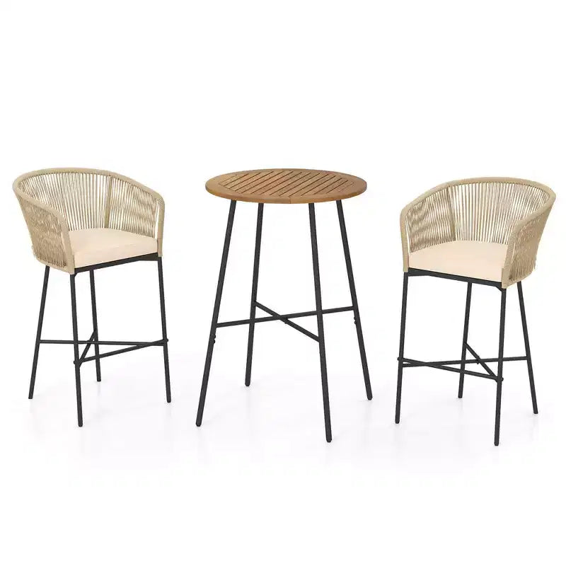 Costway 3 PCS Rope Woven Patio Bar Set with Soft Cushions and Acacia Wood Tabletop