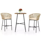 Costway 3 PCS Rope Woven Patio Bar Set with Soft Cushions and Acacia Wood Tabletop