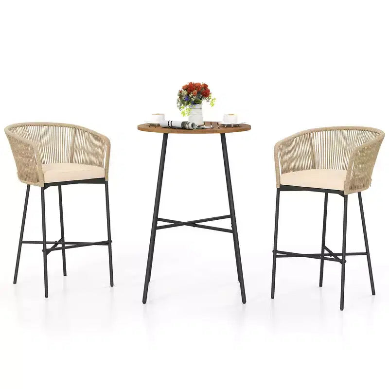 Costway 3 PCS Rope Woven Patio Bar Set with Soft Cushions and Acacia Wood Tabletop