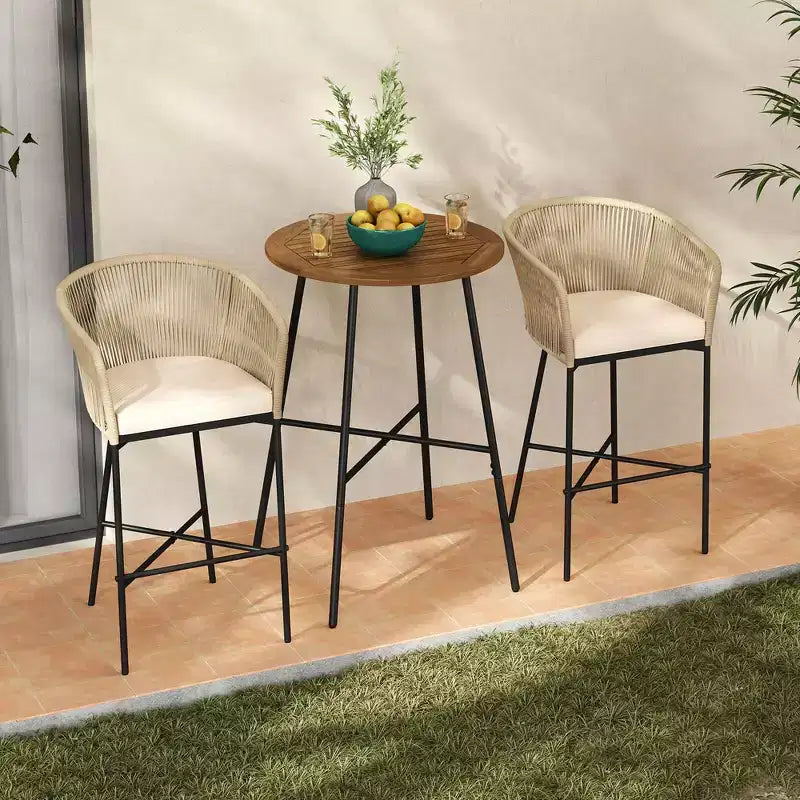 Costway 3 PCS Rope Woven Patio Bar Set with Soft Cushions and Acacia Wood Tabletop