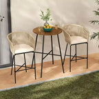 Costway 3 PCS Rope Woven Patio Bar Set with Soft Cushions and Acacia Wood Tabletop