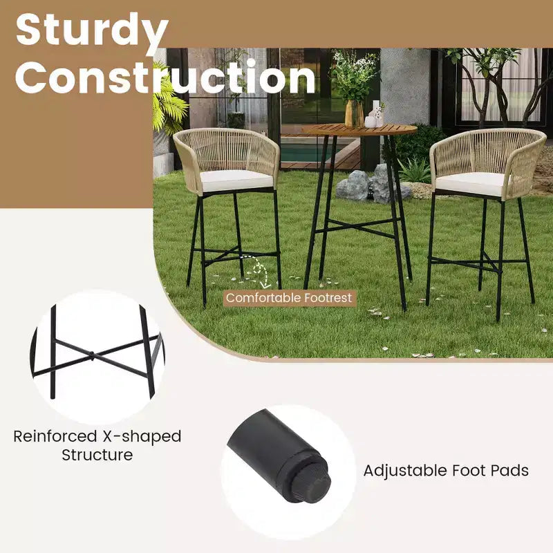 Costway 3 PCS Rope Woven Patio Bar Set with Soft Cushions and Acacia Wood Tabletop