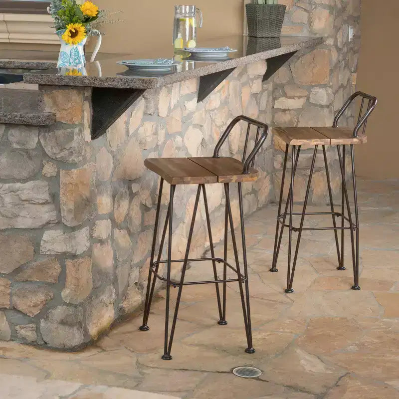 GDFStudio Outdoor Industrial Acacia Wood 30 Inch Barstools (Set of 2), Teak