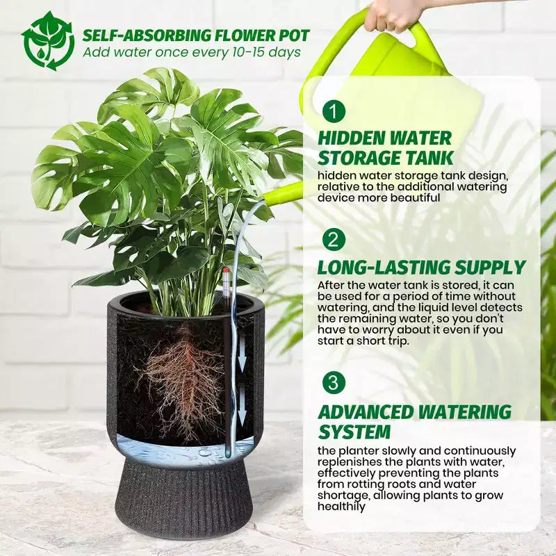 14.2 Tall Planters Set of 2, Modern Plant Pots, Self Watering Pots with Water Level Monitor, for Patio, Porch, Living Room, Home Office