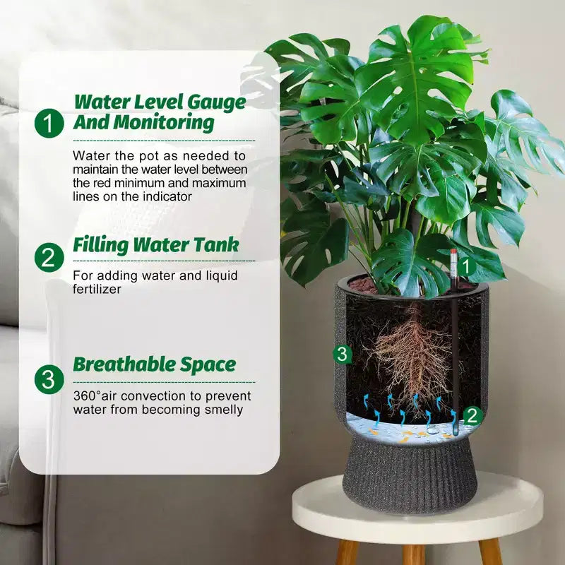 14.2 Tall Planters Set of 2, Modern Plant Pots, Self Watering Pots with Water Level Monitor, for Patio, Porch, Living Room, Home Office