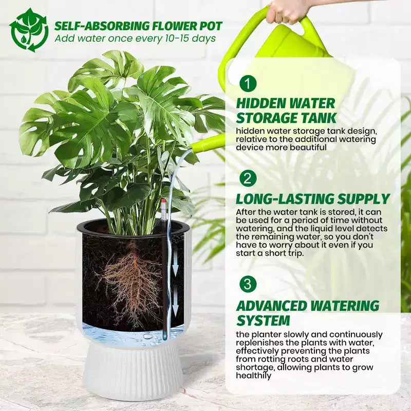 14.2 Tall Planters Set of 2, Modern Plant Pots, Self Watering Pots with Water Level Monitor, for Patio, Porch, Living Room, Home Office