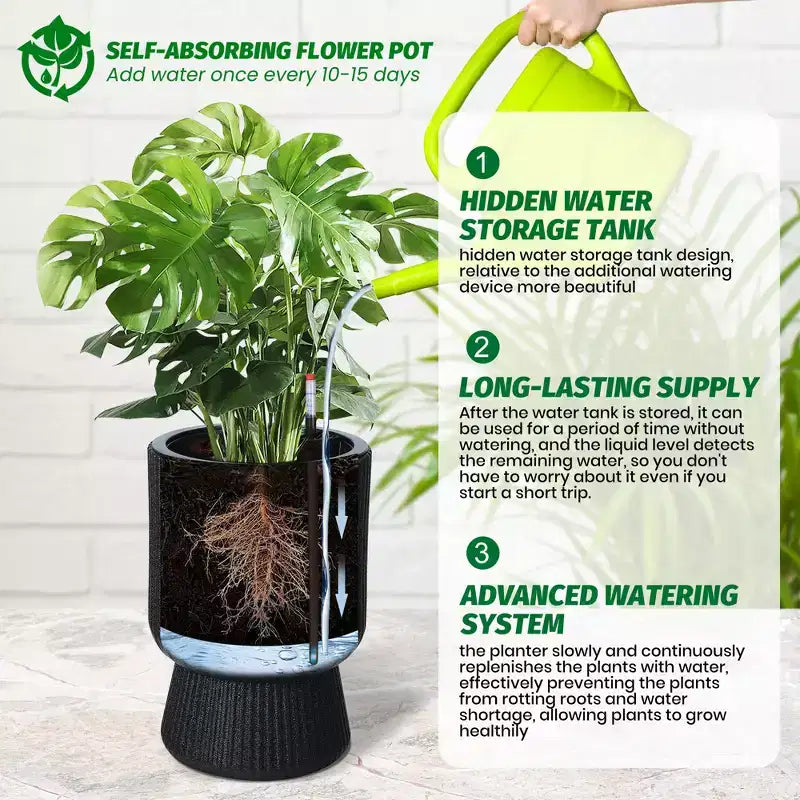 14.2 Tall Planters Set of 2, Modern Plant Pots, Self Watering Pots with Water Level Monitor, for Patio, Porch, Living Room, Home Office