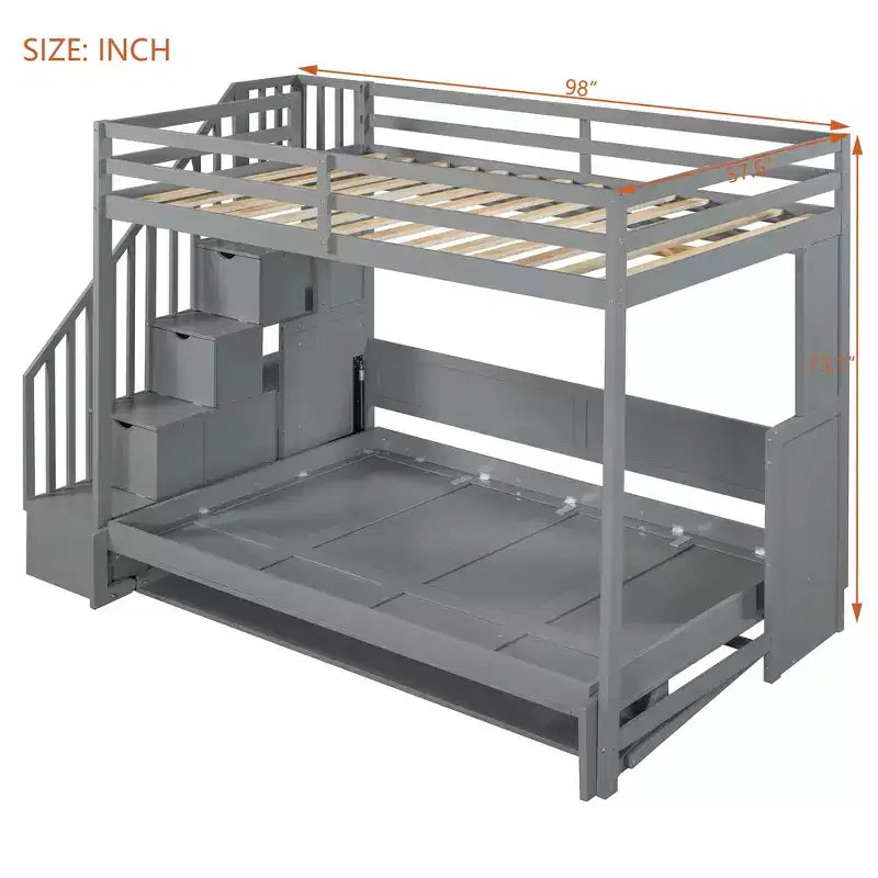 Full Over Full Size Bunk Bed, Murphy Bed with Hydraulic Lift & Desk Design - ModernLuxe