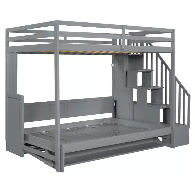 Full Over Full Size Bunk Bed, Murphy Bed with Hydraulic Lift & Desk Design - ModernLuxe