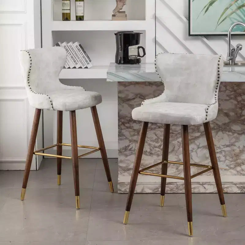 Roundhill Furniture Nevis Mid-century Modern Faux Leather Tufted Nailhead Trim Barstool, White, Set of 2